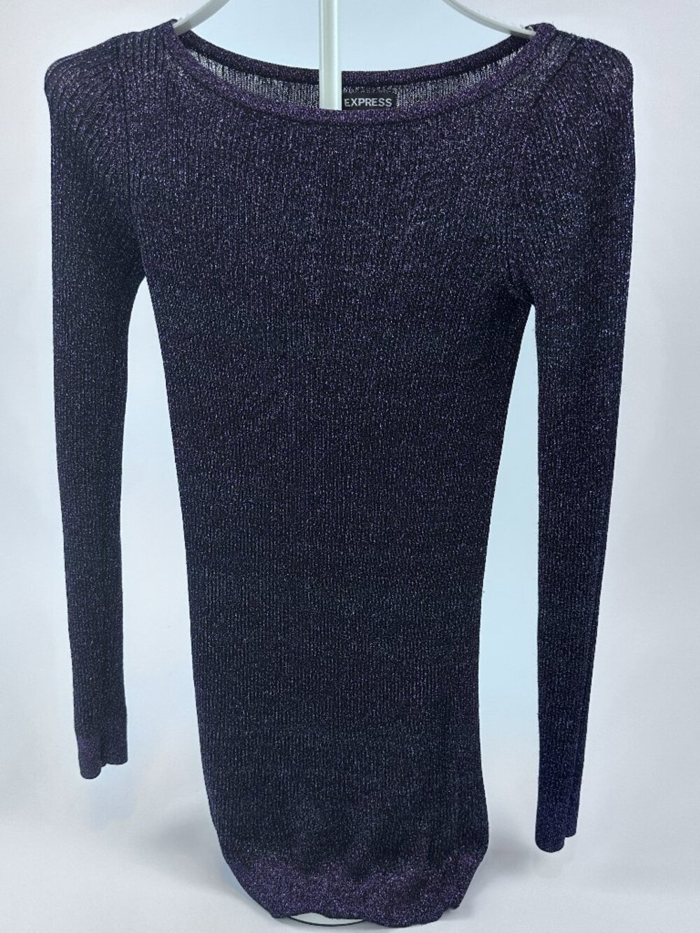 Express Purple Metallic Ribbed Top S/P Petite Long Sleeve Stretch Party